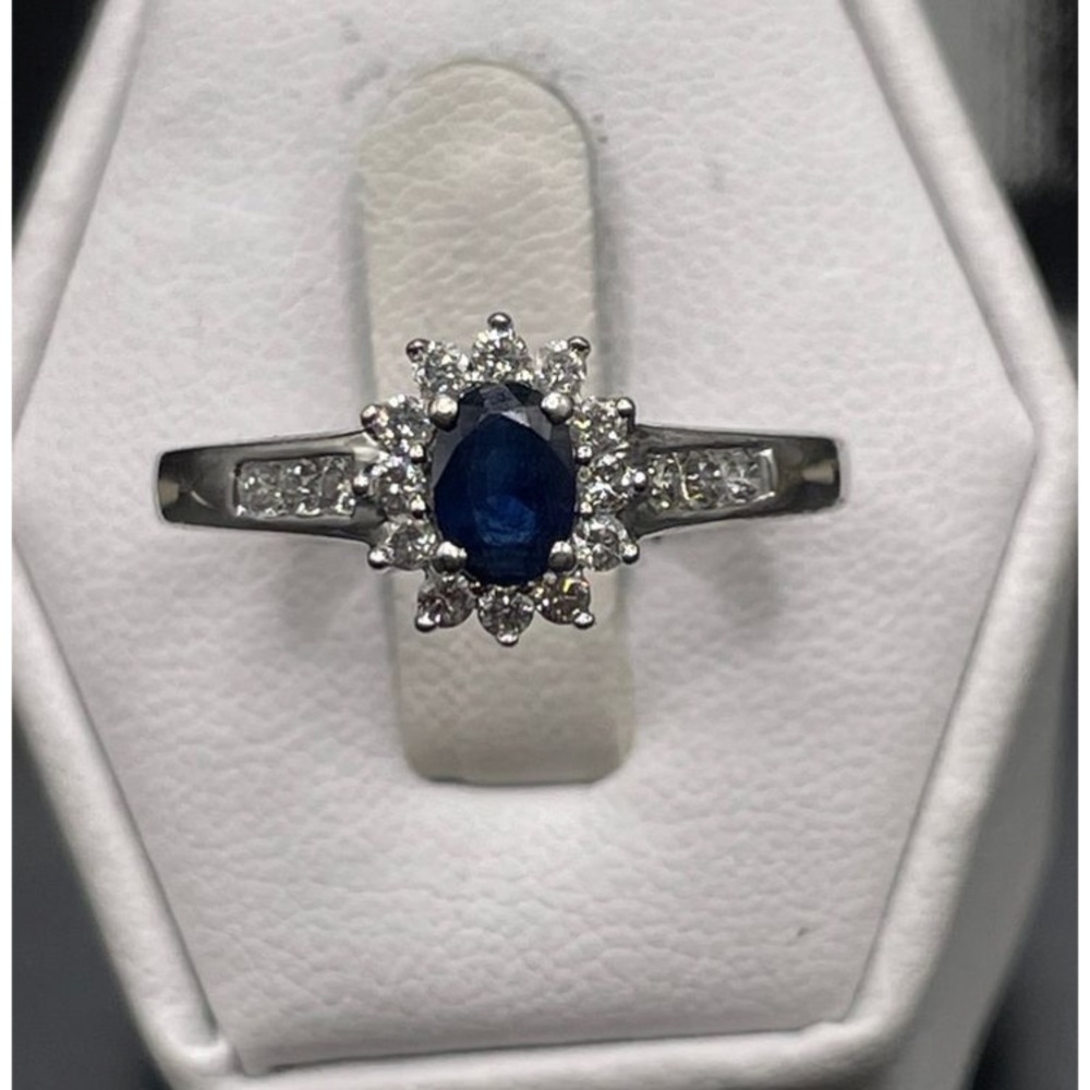 10k Solid White Gold Sapphire and Diamond Halo ring